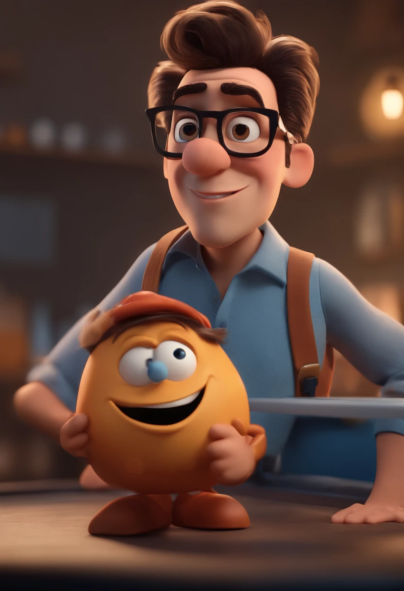 Cartoon character of a man with black glasses and a blue shirt, animation character, Caractere estilizado, animation style rendering, 3D estilizado, Arnold Maya render, 3 d render stylized, toon render keyshot, Personagem 3D, Personagem 3D, 3d rendering stylized, 3 d character render, personagem de desenho animado, Personagem de close up, Pose de personagem,  (Estilo Pixar) (master part:1.2) (Bokeh) (best quality) (pele detalhada) (textura detalhada) (8k) (argila) (Cinematic lighting) (foco nítido