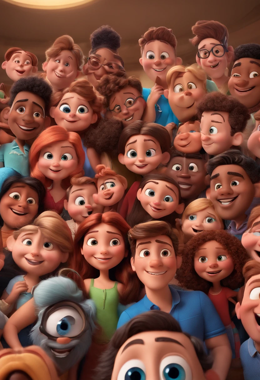Grupo de pessoas que posam para uma foto em frente a um quadro branco, sala de aula, foto de grupo, estilo disney pixar, 3d, super realista