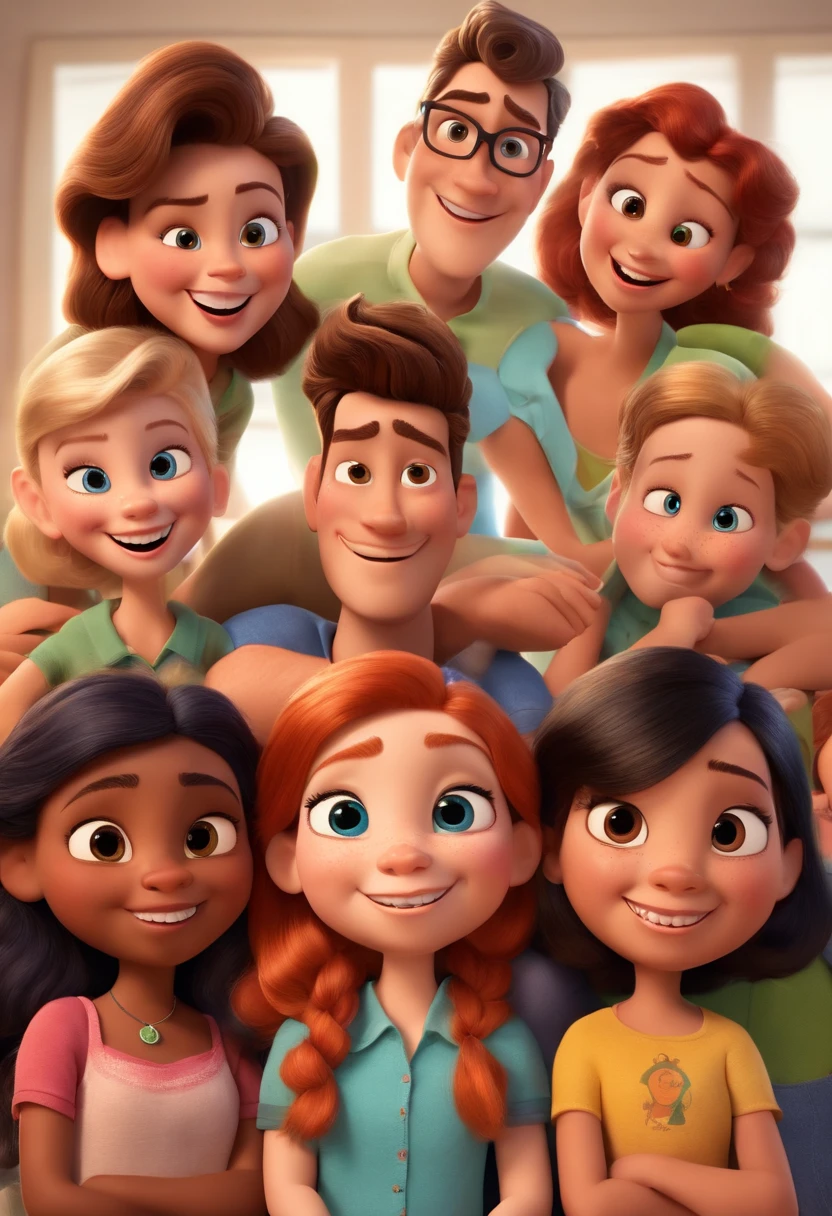 Grupo de pessoas que posam para uma foto em frente a um quadro branco, sala de aula, foto de grupo, estilo disney pixar, 3d, super realista