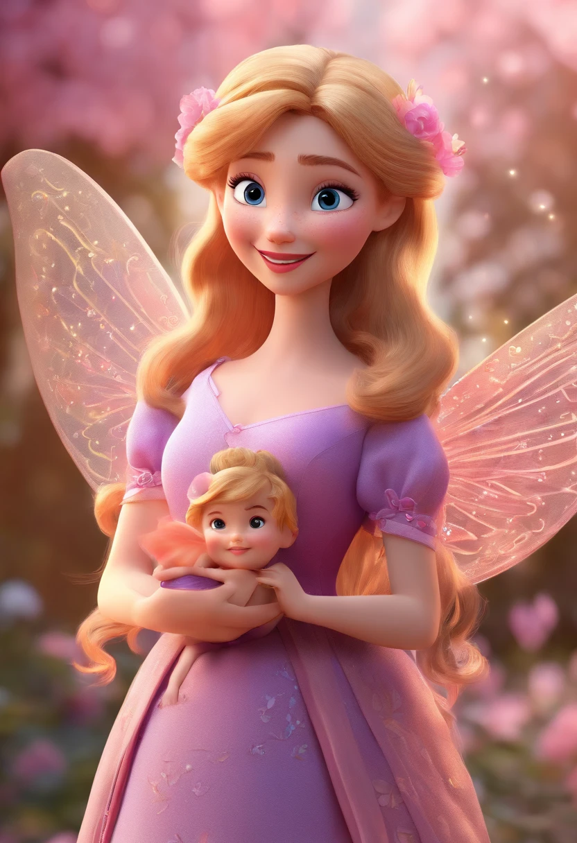 best quality, master part, fotorrealista, extremamente detalhado CG unidade 8k papel ,Cartaz do filme Disney Pixar, "Fairy mother holding her baby in her arms." baby fairy:Lovely, olhos curiosos e um sorriso radiante.Dress made of rose petals and lavender. Cabelo dourado com flores, asas delicadas.