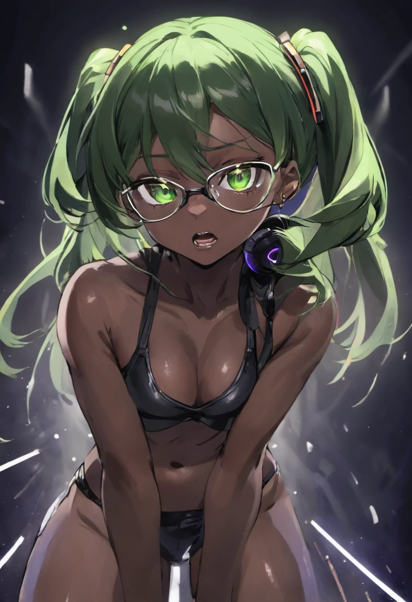 anime, deejaying dark skin girl, dj, dj dark skin girl, headphones, rave, (highest picture quality),masterpiece,best quality,extremely detailed CG wallpaper, ultra_detailed,(Cinematic Lighting:1.1), (cold face), green eyes, 1girl, solo, dark-green_hair, long_hair, masterpiece, best quality, glasses, fighting style, long messy hair