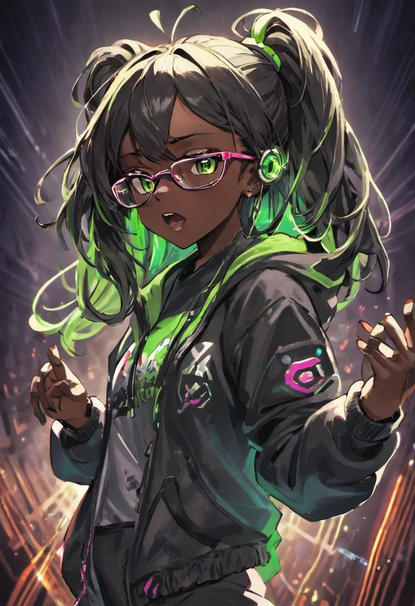 anime, deejaying dark skin girl, dj, dj sark skin girl, headphones, rave, (highest picture quality),masterpiece,best quality,extremely detailed CG wallpaper, ultra_detailed,(Cinematic Lighting:1.1), (cold face), green eyes, 1girl, solo, dark-green_hair, long_hair, masterpiece, best quality, glasses, figithing style