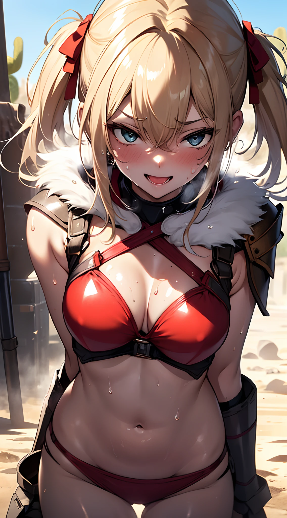 top-quality、supreme１People Girls,hightquality,, ((masuter piece)), ((High resolution)), ((Best Quality)), detail, (NSFW:1.4 ,cum faced、Excited face.Very happy,), ((Skin shiny with sweat:1.4)), (Red Bikini Armor:1.2)、 girl with, a blond, (Half Twin Tail)、sit in:1.5、fair white skin:1.3、Stick out your tongue:1.3、Smaller chest, cinmatic lighting, perfectly shaded,(((A desert))), Realistic lighting with shades,