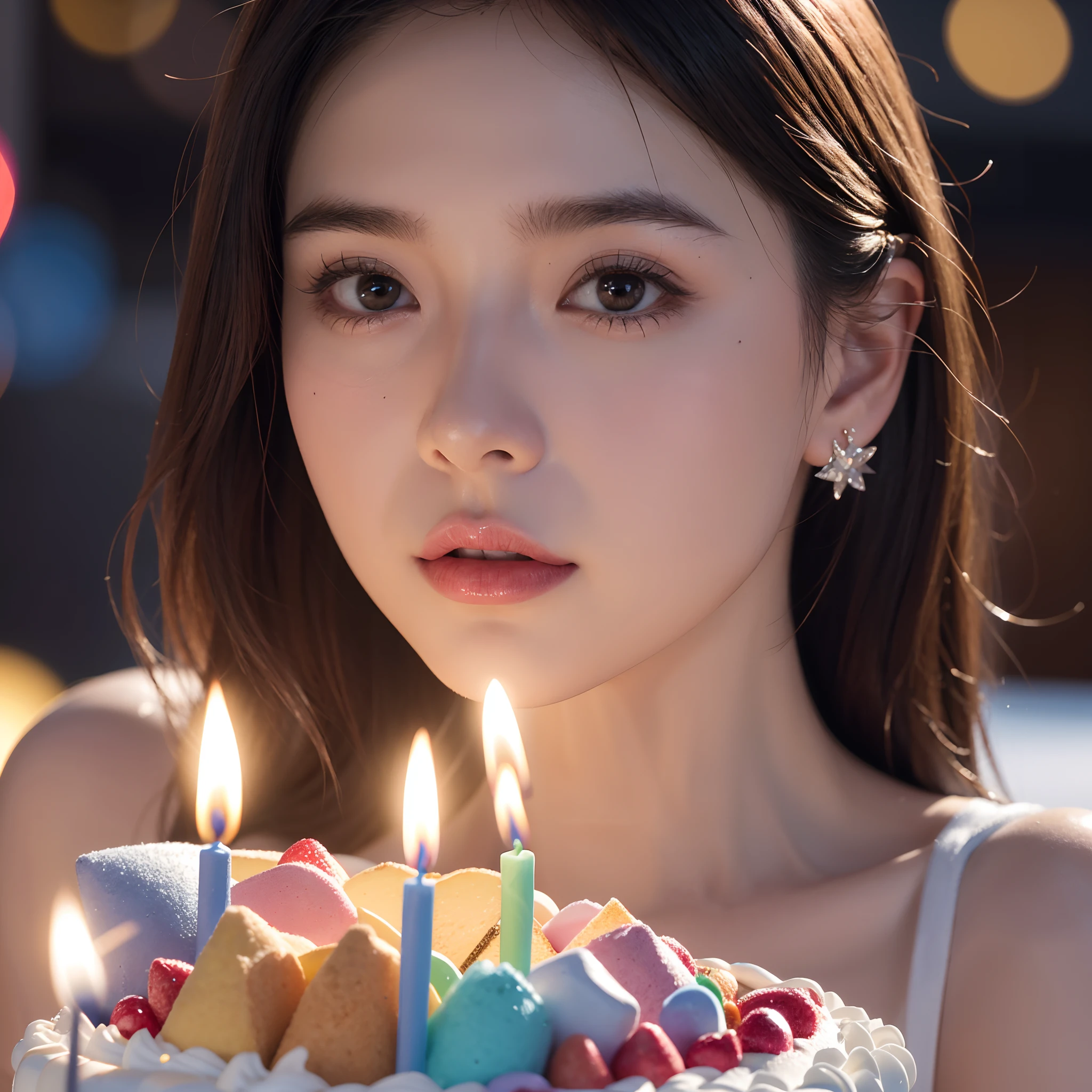Two women stand next to a birthday cake filled with gems,anatomy correct，Delicate pattern，Clean colors, Soft lighting, ( Bokeh)，Masterpiece, Super detailed, Epic composition, Highest quality, 4K，a cake，It has candles and confetti on it, The birthday cake, with sparkling gems on top, birthday, cake art, happy birthay, celebrating a birthday, background-image, shutter inventory, super detailed render, photo still of, Close-up Shot Shot, close up photograph, ultra realistic 3d illustration, Rendered in Cinema4D