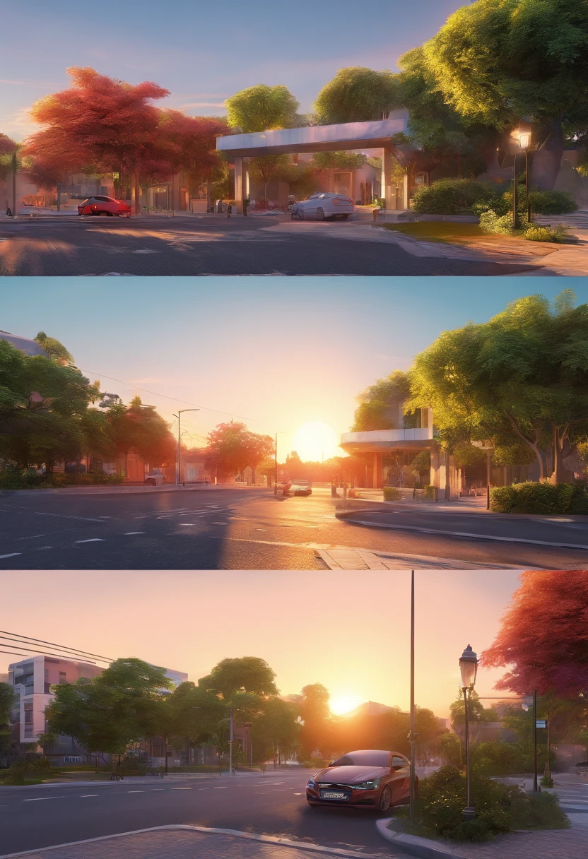 architectural details, carros, leafy trees, Vibrant Street Lighting, colorful sunset, sombras alongadas, atmosfera calma e tranquila, estilo realista, cores vivas, foco nítido, qualidade de imagem em 4k ou superior.