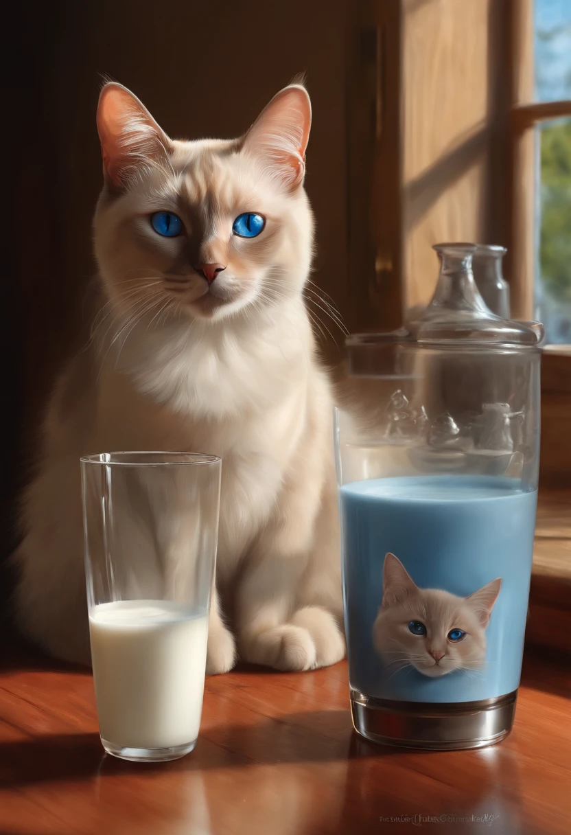 There was a cat sitting next to a glass of milk, Cats drink milk, Illustration of 1 Level 3 Red-Sharpened Siamese Cat, blue gray eyes, Ultra-Realistic Illustrations, Ultra-Realistic Illustrations, hypperrealistic illustration, eine Katze. photorealistic paintings,