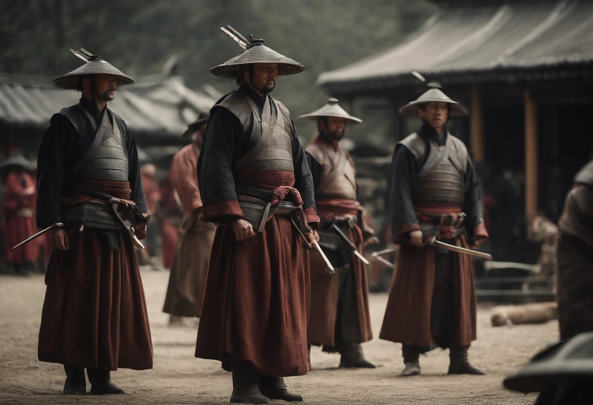 Samurai line up side by side and shoot arquebuses