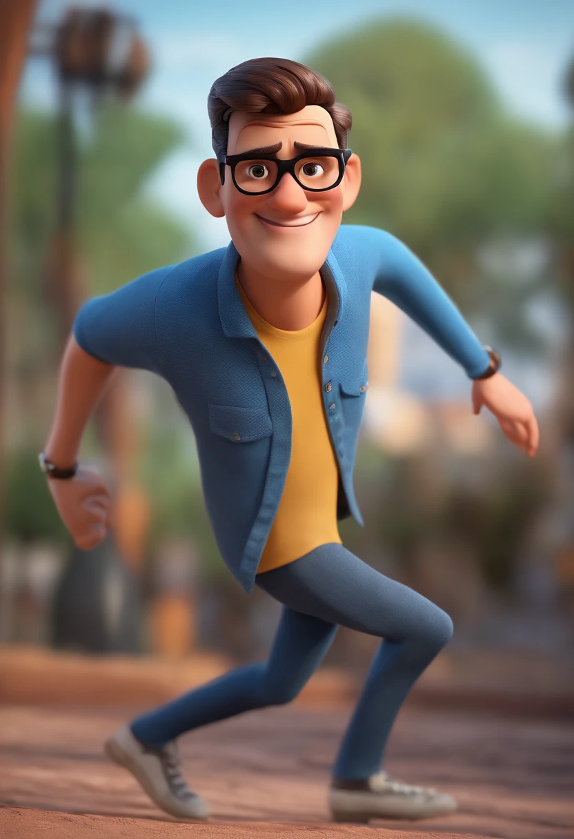 Cartoon character of a man with black glasses and a blue shirt, animation character, Caractere estilizado, animation style rendering, 3D estilizado, Arnold Maya render, 3 d render stylized, toon render keyshot, Personagem 3D, Personagem 3D, 3d rendering stylized, 3 d character render, personagem de desenho animado, Personagem de close up, Pose de personagem, (Estilo Pixar) (master part:1.2) (Bokeh) (best quality) (pele detalhada) (textura detalhada) (8k) (argila) (Cinematic lighting) (foco nítido