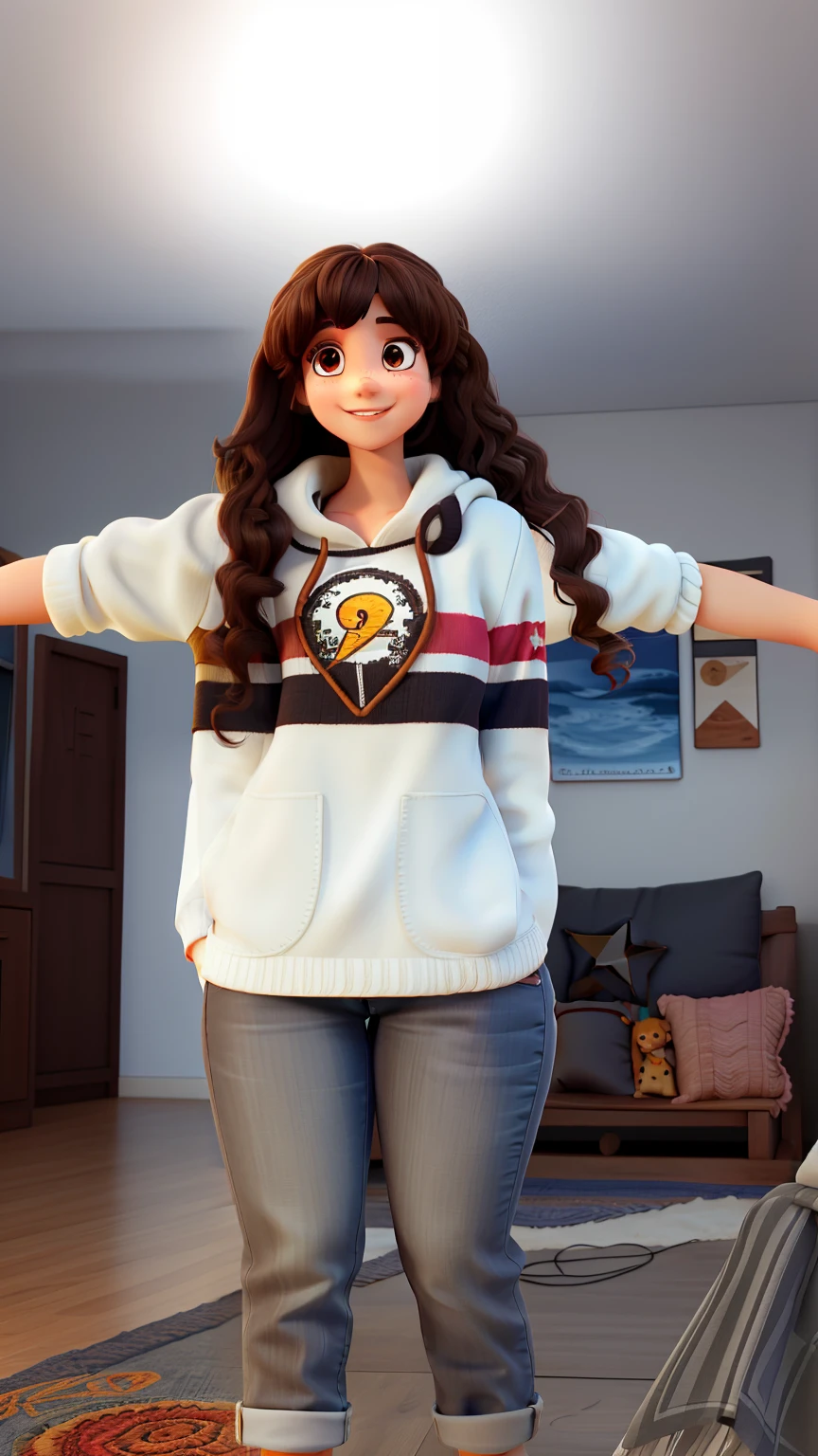 A beautiful girl with medium curly hair with bangs and dark brown, Dark eyes in jeans and white knitting smiling