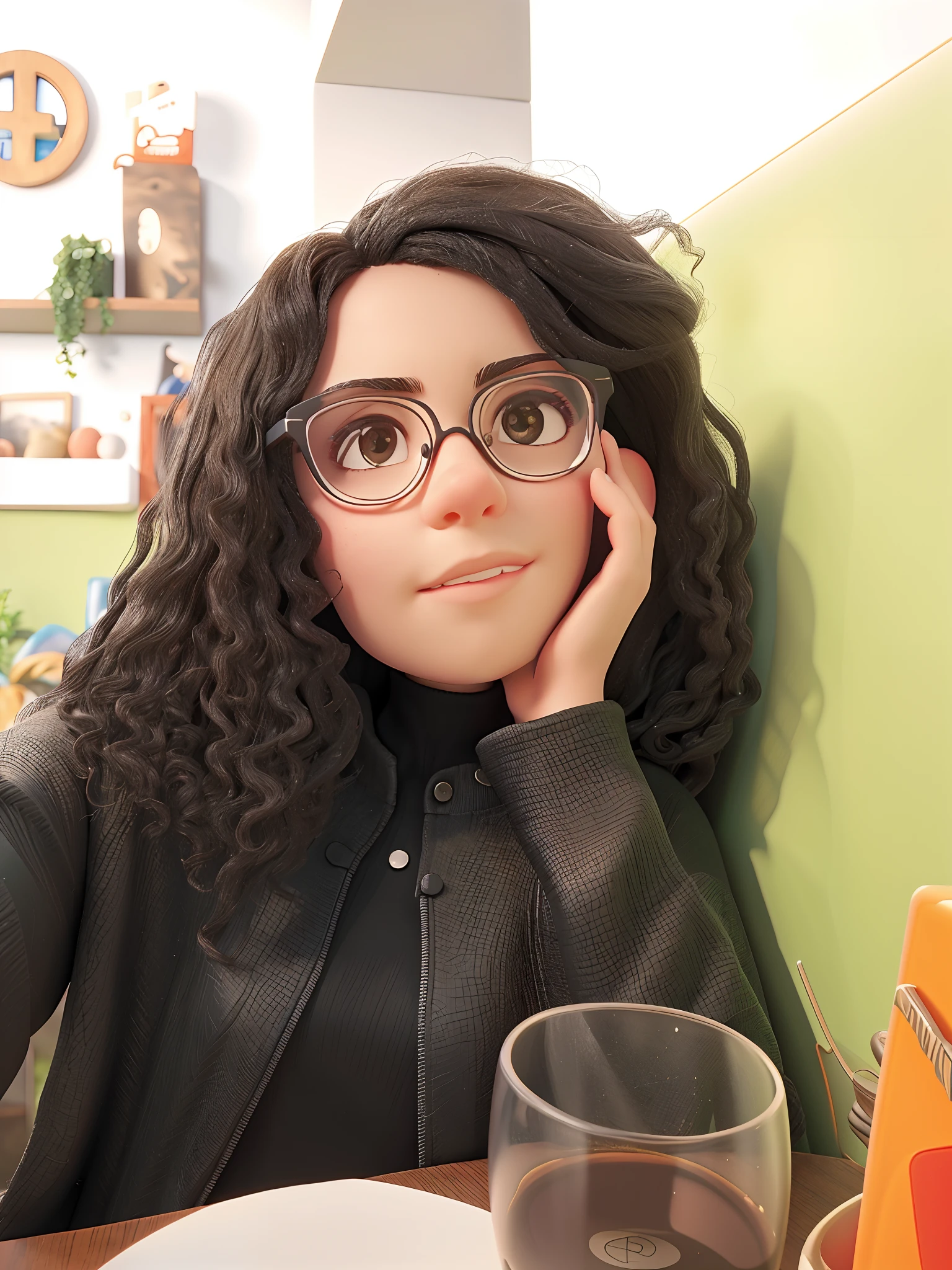 There's a young woman in glasses and a black top posing for a photo,Long wavy dark black hair brown eyes brown skin ultra realistic resolution 8k