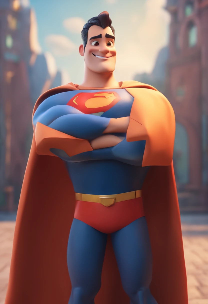 Super Man Illustration, sorriso insano, Homem de pele marrom com um sorriso gigante, happily smiling at the camera, sorriso atrevido, he's smiling, sorriso muito grande, Macho sorridente, foto de perfil headshot, rindo sorriso enorme, desenhando no estilo de Arte 3D, c4d, fundo de cor branco puro, estilo disney, estilo pixar render ilustracao Super Detalhe, 8k