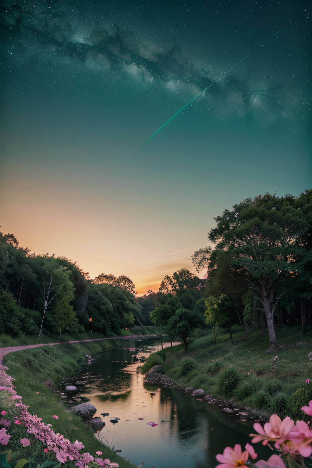 (Beautiful Magic Night Green Sky Stream Overlay Scenery), (heaven), (nuvem), soft lighting, fundo limpo, beautiful scenery, master part, alta qualidade, graphics beautiful, High detail, epic scenery, Jardim, flor, nuvem, (night starly sky, back river, huge old trees behind, dropping bright pink petals back)