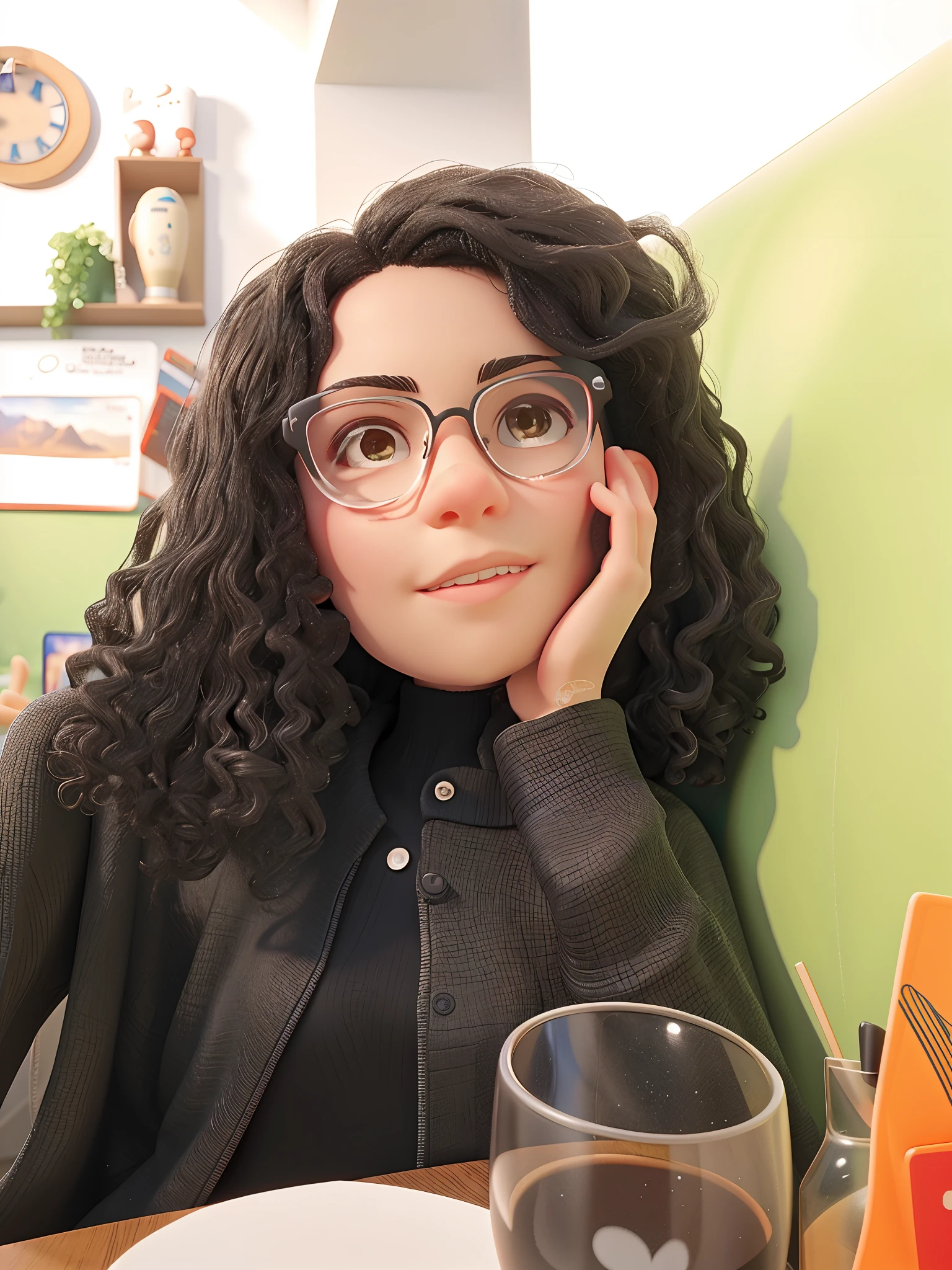 There's a young woman in glasses and a black top posing for a photo,Long wavy dark black hair brown eyes brown skin ultra realistic resolution 8k