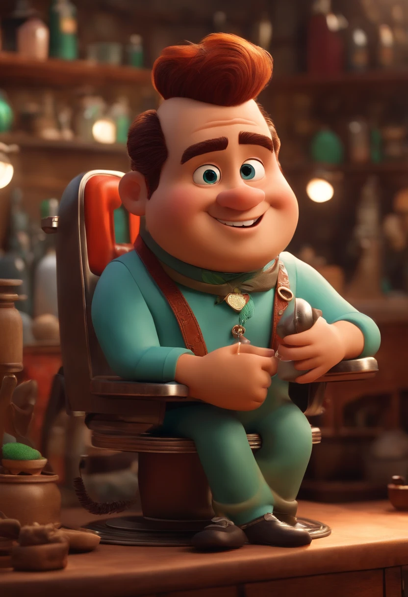 A Dream Barber Inspired by Pixar Animation, de perto. The character takes center stage with captivating facial expressions, oferecendo um toque de irrealidade, Cabelo curto e gordinho gradiente