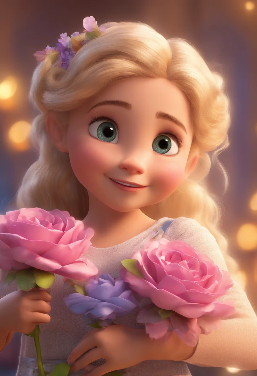 best quality, master part, fotorrealista, extremamente detalhado CG unidade 8k papel ,Cartaz do filme Disney Pixar, "Fairy mother holding her baby in her arms." baby fairy:Lovely, olhos curiosos e um sorriso radiante.Dress made of rose petals and lavender. Cabelo dourado com flores, asas delicadas.