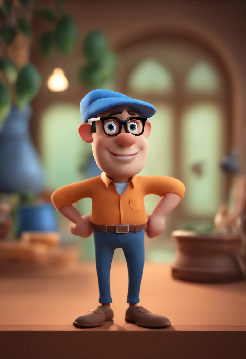 Cartoon character of a man with black glasses and a blue shirt, animation character, Caractere estilizado, animation style rendering, 3D estilizado, Arnold Maya render, 3 d render stylized, toon render keyshot, Personagem 3D, Personagem 3D, 3d rendering stylized, 3 d character render, personagem de desenho animado, Personagem de close up, Pose de personagem,  (Estilo Pixar) (master part:1.2) (Bokeh) (best quality) (pele detalhada) (textura detalhada) (8k) (argila) (Cinematic lighting) (foco nítido