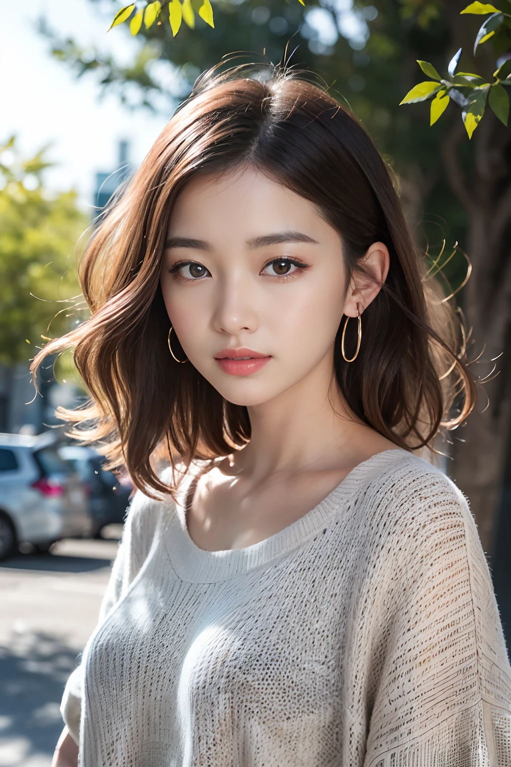 (8K,Raw photo、Raw photo、top-quality、Master masterpiece:1.2)、ultra-detailliert、Super Resolution、(Photorealsitic:1.3)、Angle to shoot from the front、Clearly draw shades of light、high resolution RAW color photos、professional photograpy、Same skin type as humans、Female proofreading of Japan from head to waist、Blur the background、Draws faithfully to anatomy、Very detailed and beautiful、Ultra-high image quality、long、Hair swaying and sexy、Very detailed beautiful girl、（Pink Eye Shadow）、smil、Plain clothe、Park on a sunny day、Loosely curly hair、Sweaters、wave her hand、piercings、