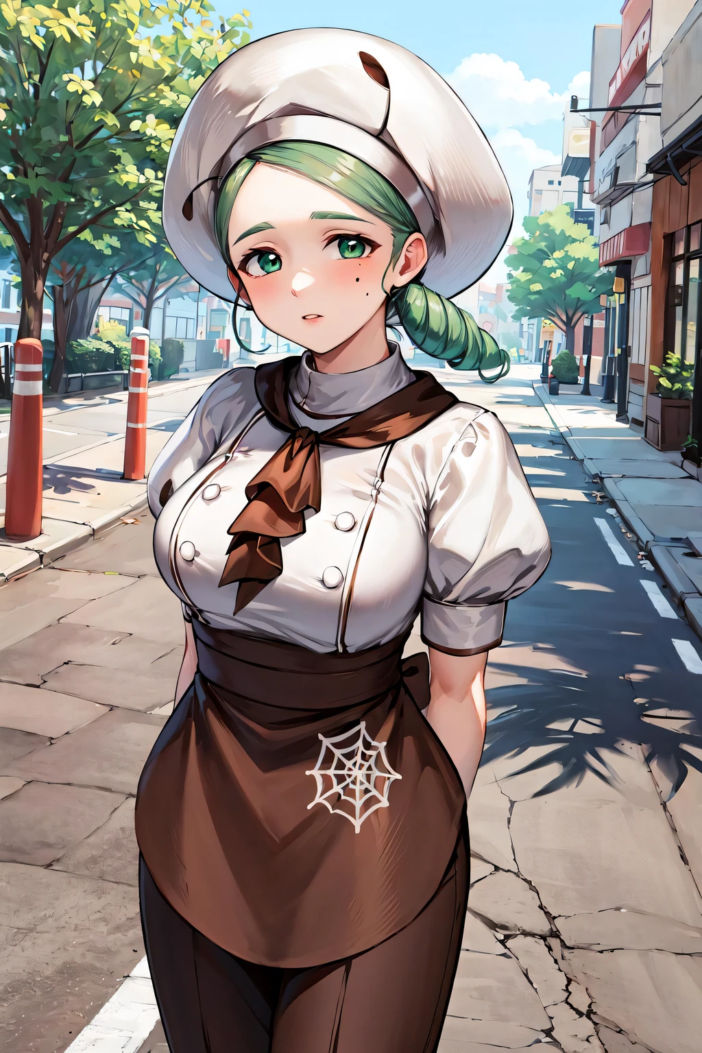 masterpiece, best quality, highres, hmkaty, spider web print, mole under eye, buttons, green eyes, brown apron, white gloves, short sleeves, brown skirt, puffy sleeves, ascot, side ponytail, white shirt, chef hat, walking, street, cowboy shot, arms behind back,