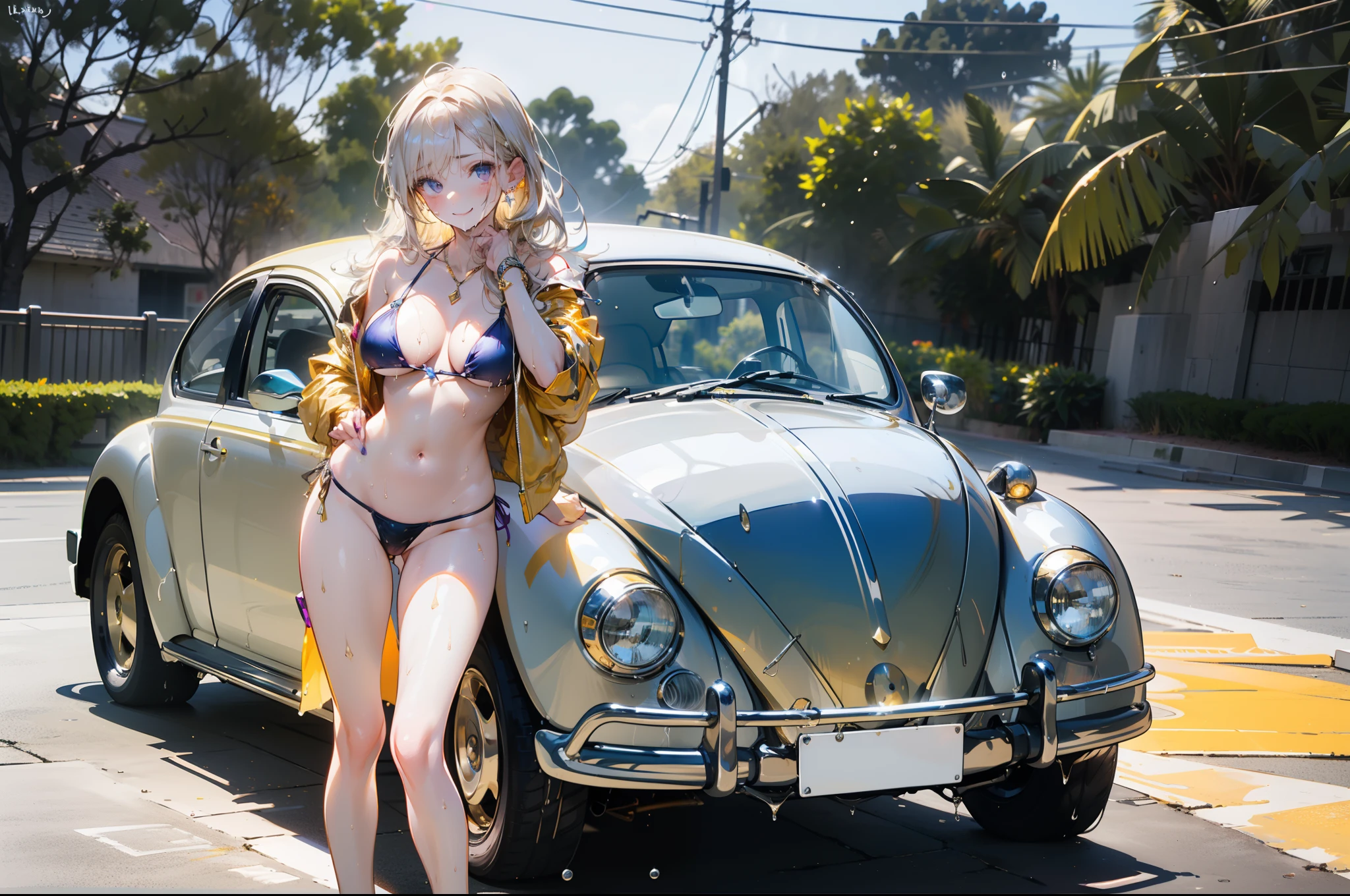 1 beauty, (Light Purple Eyeshadow),Platinum Blonde Perm Hair、(broad shoulders:1.4)、(Smaller face)、(pointed breast:1.6)、Model body type:1.2、Sharp eyes、Watery Big Eyes、(A mischievous smile:1.2)、Biker Jacket、 ((Light Gold Bikini Swimsuit:1.4)),(wet and disheveled hair,:1.4)、(Heavy sweat on the face:1.2)、(facefocus:1.4)、(Platinum necklace and large earrings)、gulf coast:1.4、A yellow Volkswagen Beetle is parked towards us、((Leaning on the car:1.4))、Increase the amount of information:1.2、Perfect drawing、(pinup:1.2)
