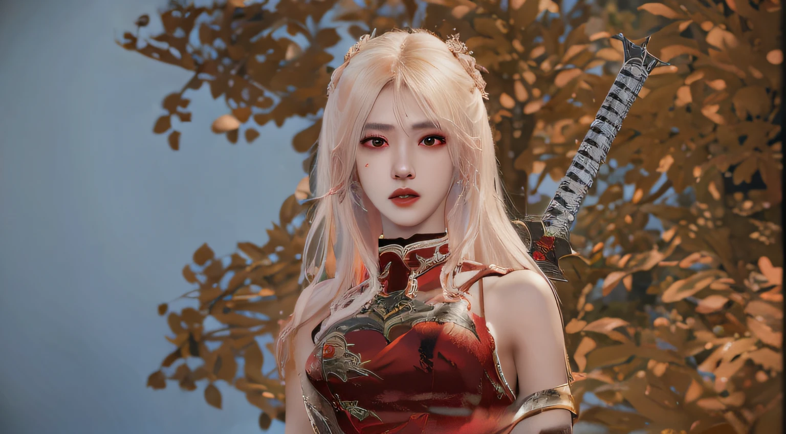 there is a woman with a sword and a red dress, korean mmo, close up character, female character, ornate korean polearm behind her, character close up, lineage 2 revolution style, korean mmorpg, highly detailed character, 8 k character details, ingame image, character close-up, with very highly detailed face, <mmorpgs scene