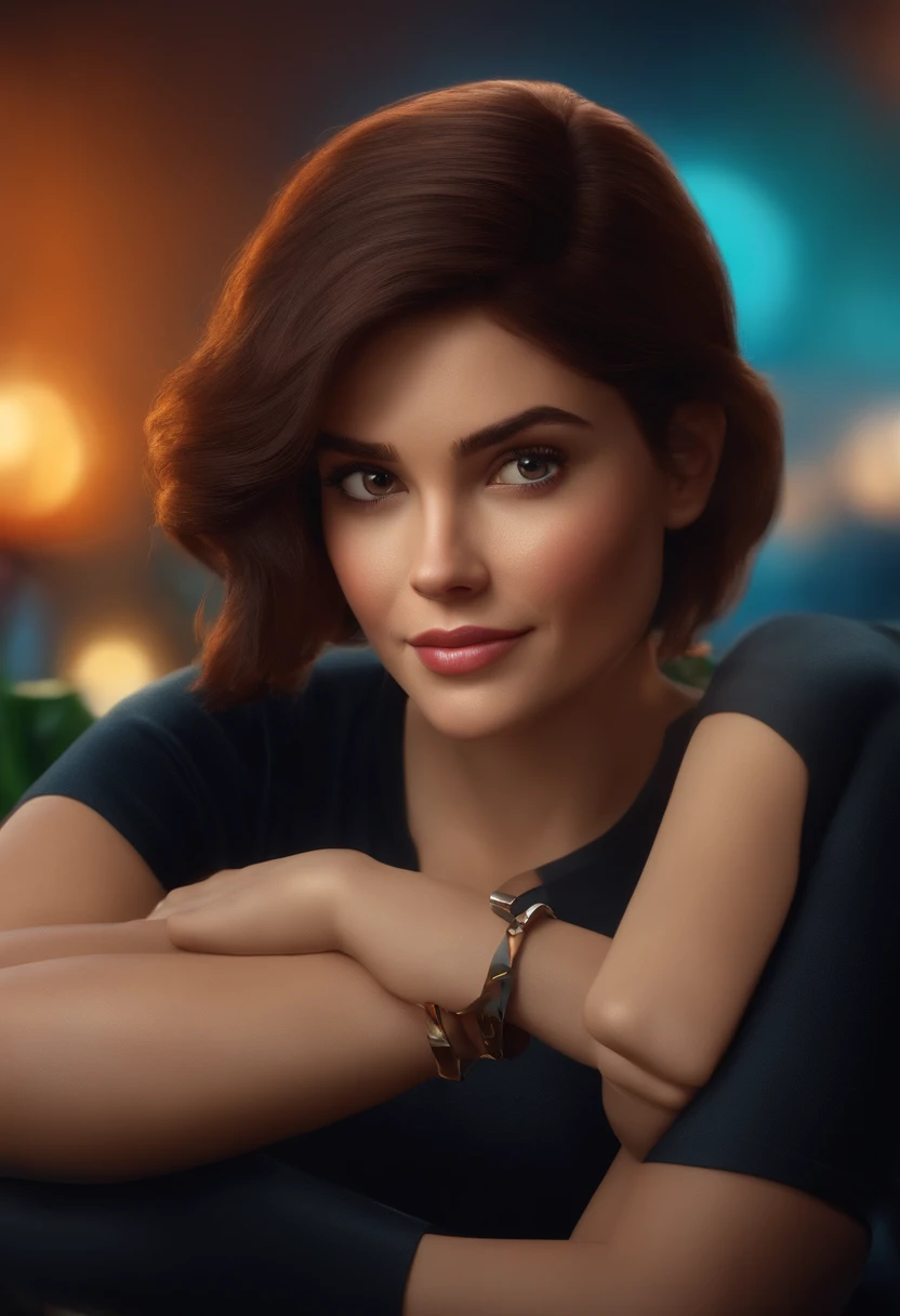 filme Marketing 2023 estilo filmes Pixar, Com nome "N - Marketing", poster, With short, lighter brunette hair and a black t-shirt in front of her crossed arms.