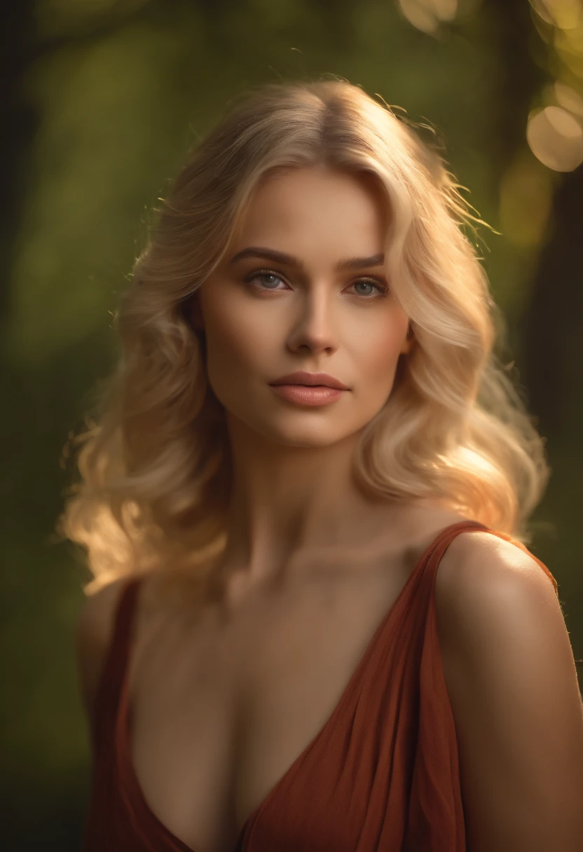 (best quality,4k,8k,highres,masterpiece:1.2), ultra-detailed, (realistic,photorealistic,photo-realistic:1.37), closeup portrait, sexy, [blonde hair], parted lips, [lips], in the nude , full body, looking at viewer, [forest background], [sunset lights]