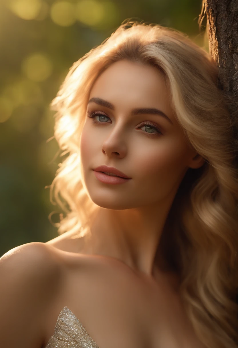 (best quality,4k,8k,highres,masterpiece:1.2), ultra-detailed, (realistic,photorealistic,photo-realistic:1.37), closeup portrait, sexy, [blonde hair], parted lips, [lips], in the nude , full body, looking at viewer, [forest background], [sunset lights]