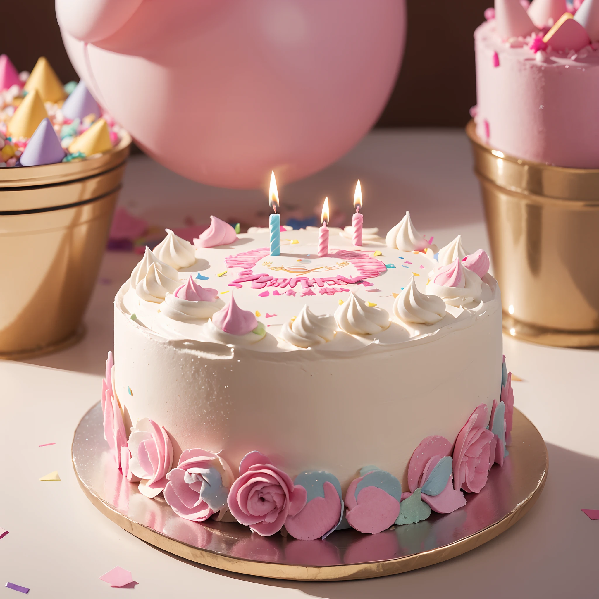 Two women stand next to a birthday cake filled with gems,anatomy correct,Delicate pattern,Clean colors, Soft lighting, ( Bokeh),Masterpiece, Super detailed, Epic composition, Highest quality, 4K,a cake,It has candles and confetti on it, The birthday cake, with sparkling gems on top, birthday, cake art, happy birthay, celebrating a birthday, background-image, shutter inventory, Cupcakes, birthday cake on the ground, super detailed render, photo still of, Close-up Shot Shot, close up photograph, ultra realistic 3d illustration, Rendered in Cinema4D