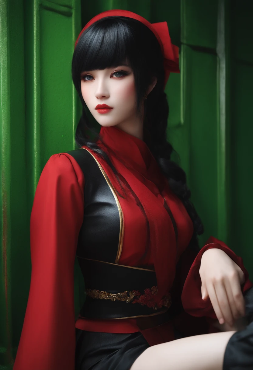 I want an anime avatar with black and red black straight toe cap on a green wall background