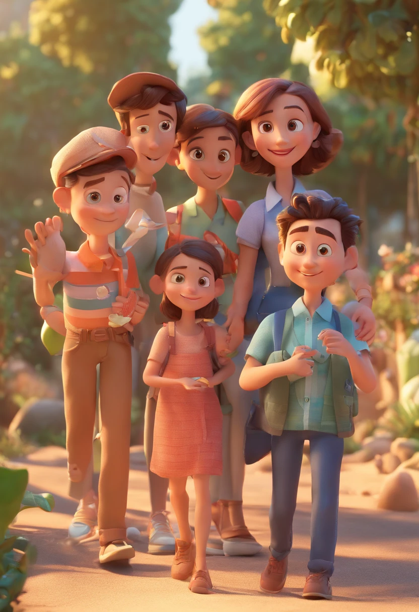 Estilo Pixar: Familia, Um pai, A mother and three boys. No fundo uma praia