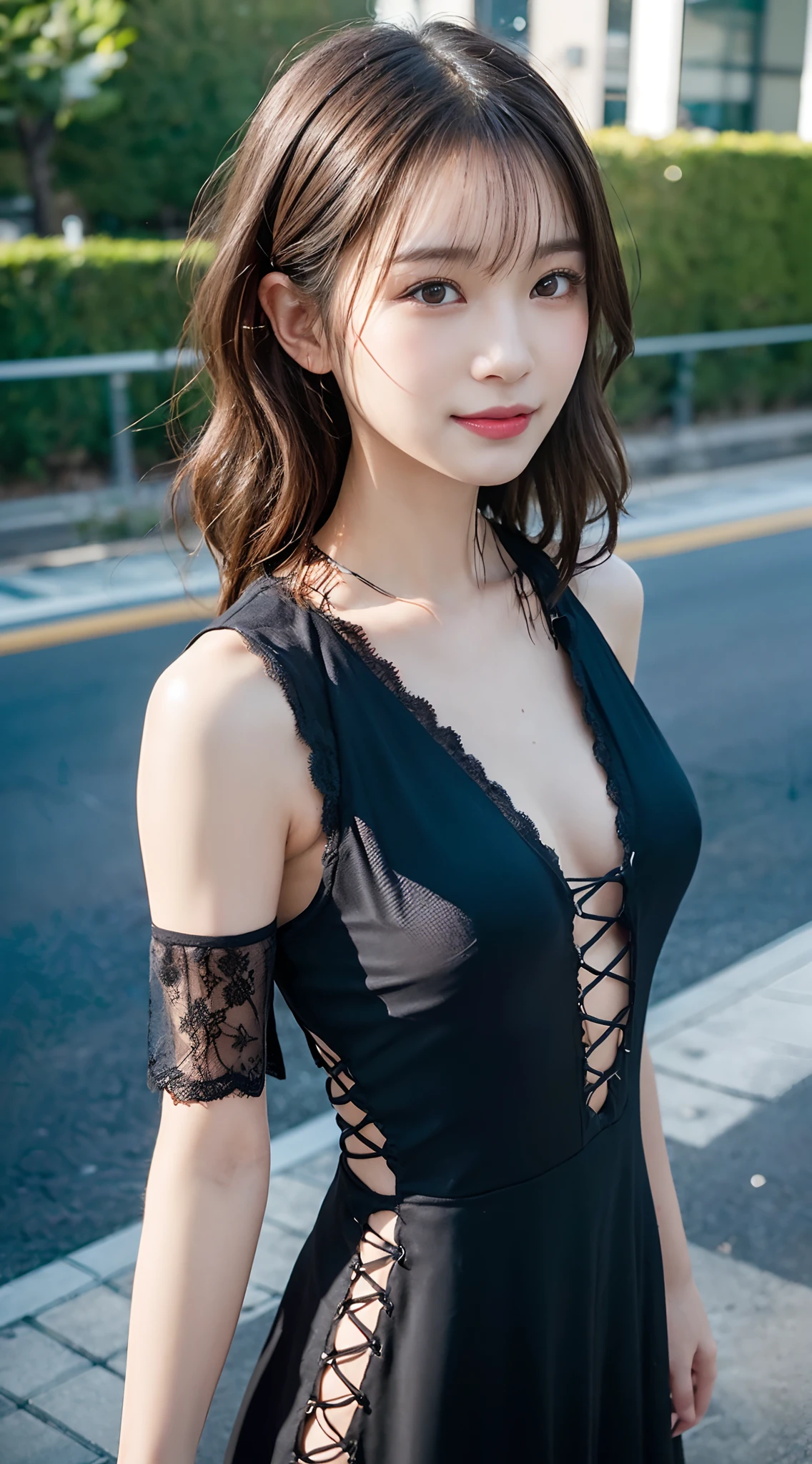 masutepiece, Best Quality, One girl, (Beautiful Girl:1.3), (:1.2), Very fine eye definition, (Symmetrical eyes:1.3), NSFW, (cute little、With net-like slits、Highly detailed mini dress with open neckline、:1.3), Spread legs、Beautiful breasts, Brown eyes, Parted bangs, Brown hair, Upper teeth、background outdoor blur、Chain Choker、Sitting on a bench、White panties are visible、