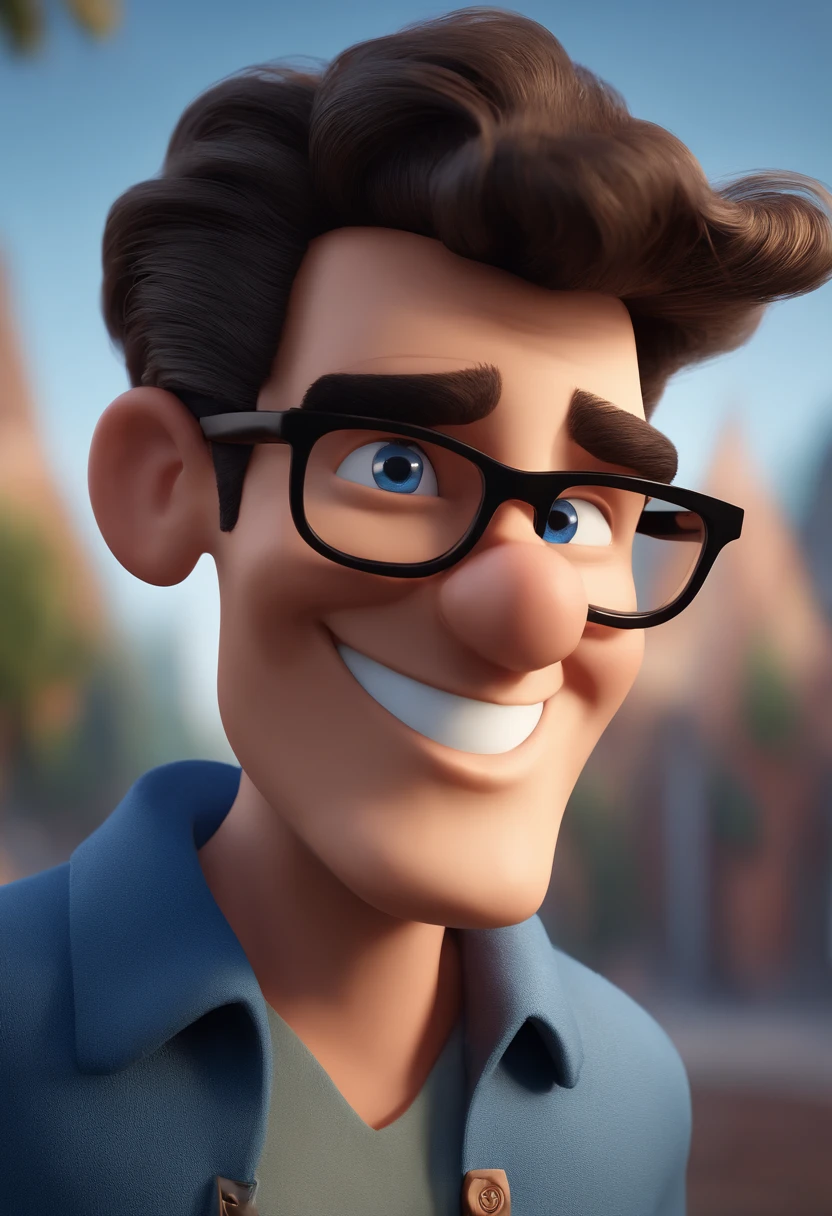 Cartoon character of a man with black glasses and a blue shirt, animation character, Caractere estilizado, animation style rendering, 3D estilizado, Arnold Maya render, 3 d render stylized, toon render keyshot, Personagem 3D, Personagem 3D, 3d rendering stylized, 3 d character render, personagem de desenho animado, Personagem de close up, Pose de personagem,  (Estilo Pixar) (master part:1.2) (Bokeh) (best quality) (pele detalhada) (textura detalhada) (8k) (argila) (Cinematic lighting) (foco nítido