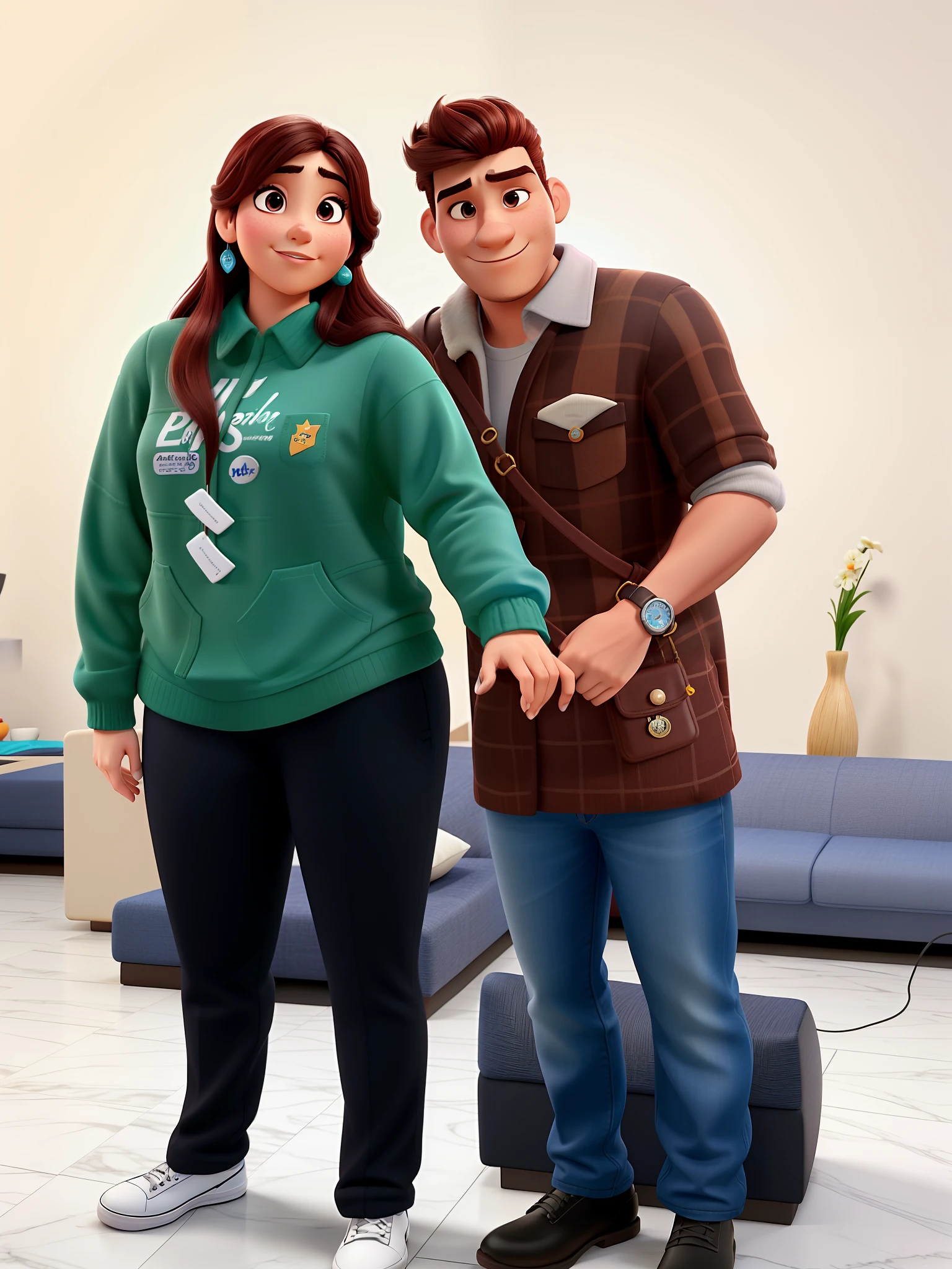 Mulher branca cabelo castanho e homem moreno cabelo preto estilo pixar alta qualidade