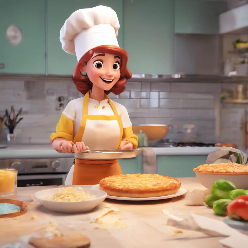 Crie uma cena de desenho animado estilo 3d -Pixar, Onde uma mulher, de cabelos lisos loiros e curto com mechas rosa 35 anos de idade, She's cooking dressed as a pastry chef.