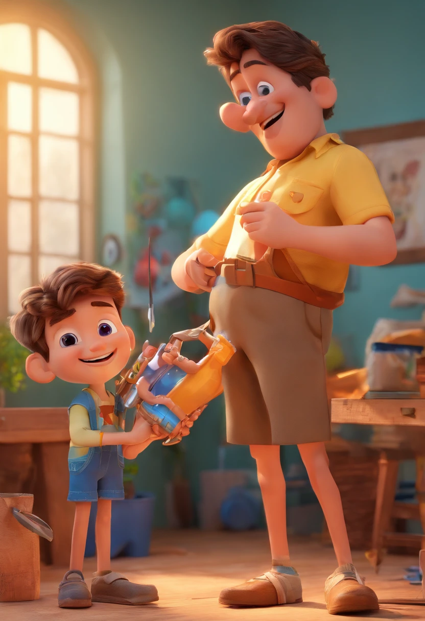 Estilo Pixar: The grown man is holding a naked blue-eyed boy and in his other hand he is holding a pair of scissors and is trying to cut off the boy's testicles,3D Poster,Disney