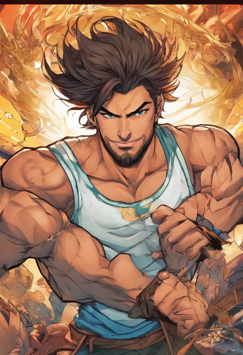 teenage boy, hair combed up, long hair, Bright brown hair ,bright brown eyes, confident grin, many brown tattoos on the body, muscular chest and arms, ripped casual white shirt, stone aura around the character.