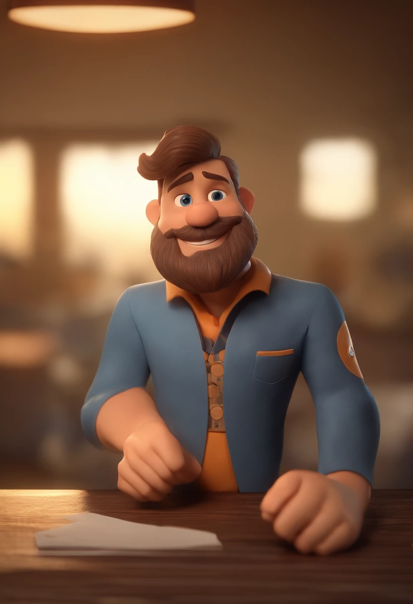 Personagem de desenho animado de um homem com barba cheia e uma camisa azul, um personagem animado, Caractere estilizado, animation style rendering, 3D estilizado, Arnold Maya render, 3 d render stylized, toon render keyshot, Personagem 3D, Personagem 3D, 3d rendering stylized, 3 d character render, personagem de desenho animado, Personagem de close up, Pose de personagem, (Estilo Pixar) (master part:1.2) (Bokeh) (best quality) (pele detalhada) (textura detalhada) (8k) (argila) (Cinematic lighting) (foco nítido,Senta e vaza a parte superior do corpo