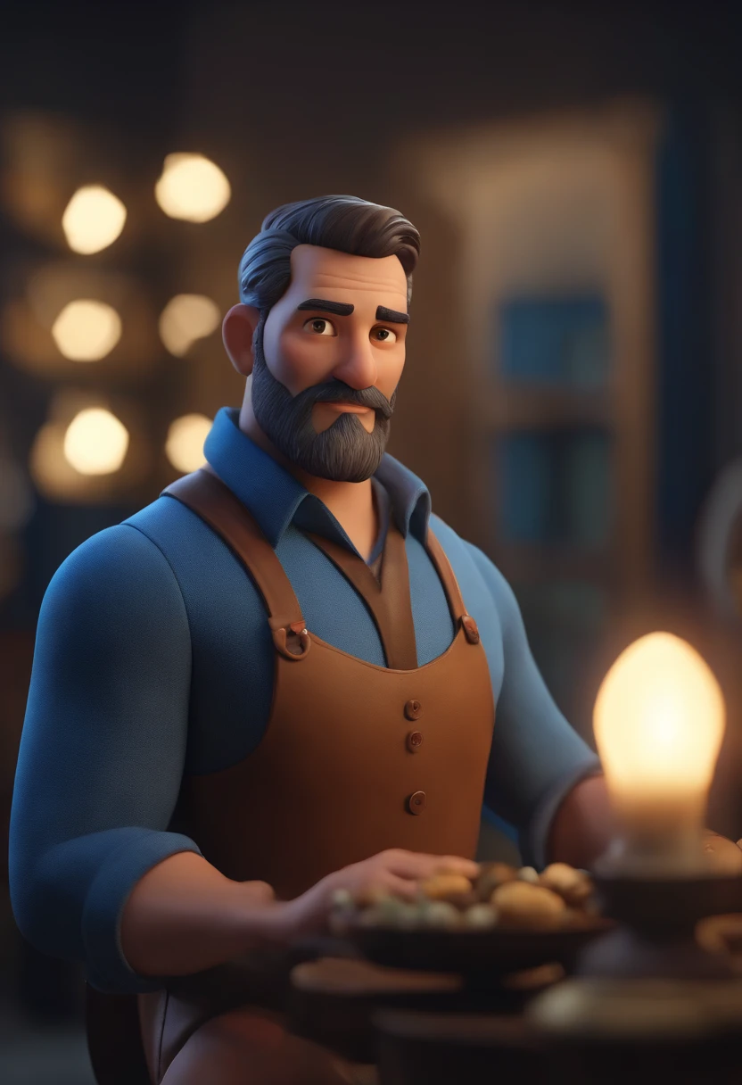 Personagem de desenho animado de um homem com barba cheia e uma camisa azul, um personagem animado, Caractere estilizado, animation style rendering, 3D estilizado, Arnold Maya render, 3 d render stylized, toon render keyshot, Personagem 3D, Personagem 3D, 3d rendering stylized, 3 d character render, personagem de desenho animado, Personagem de close up, Pose de personagem, (Estilo Pixar) (master part:1.2) (Bokeh) (best quality) (pele detalhada) (textura detalhada) (8k) (argila) (Cinematic lighting) (foco nítido,Senta e vaza a parte superior do corpo