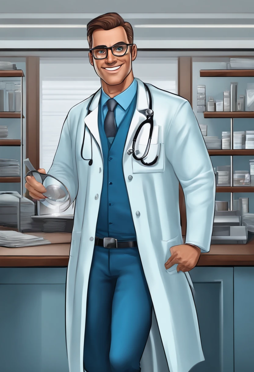 Cartoon character of an optometrist man in the office with blue lab coat