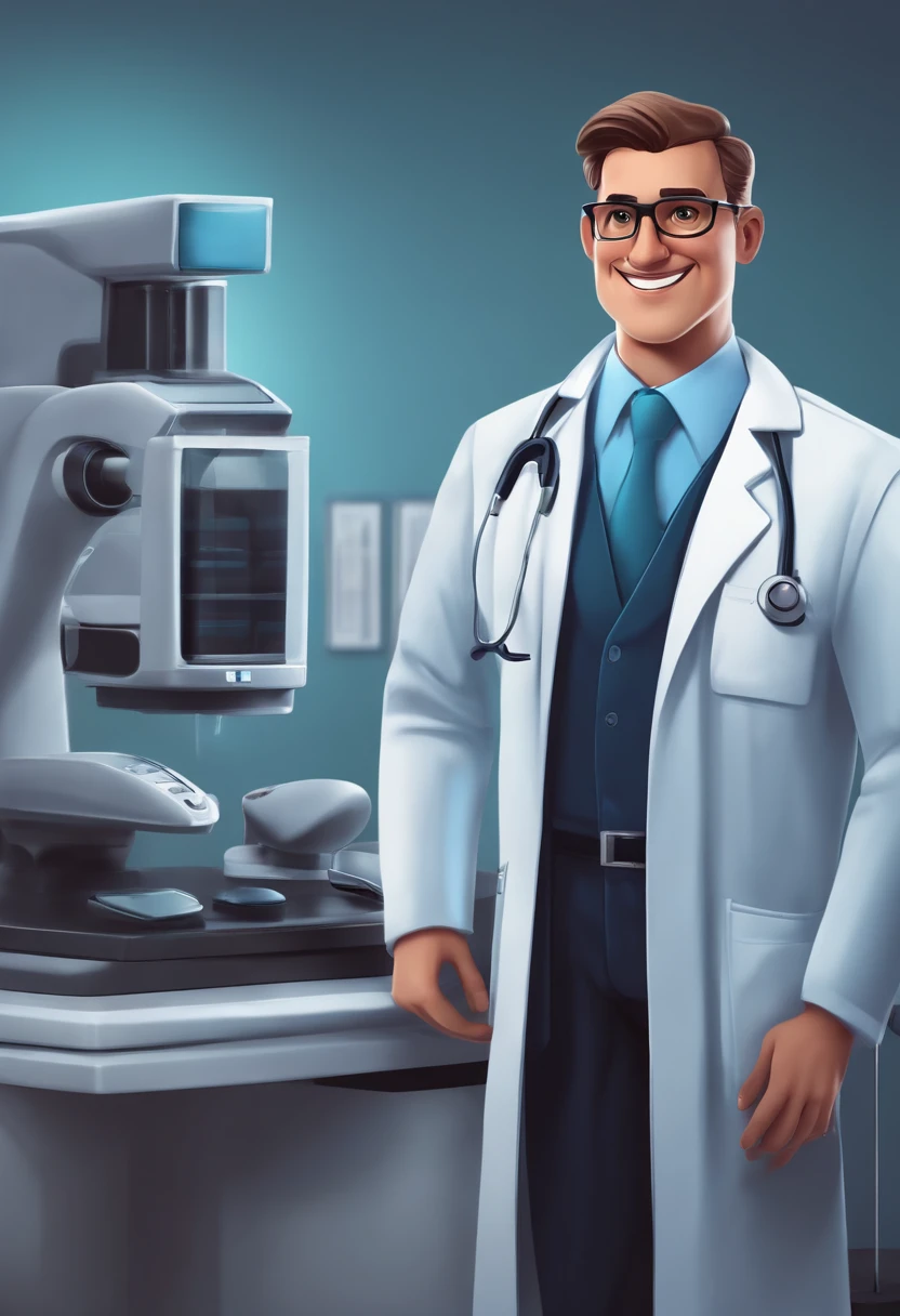 Cartoon character of an optometrist man in the office with blue lab coat