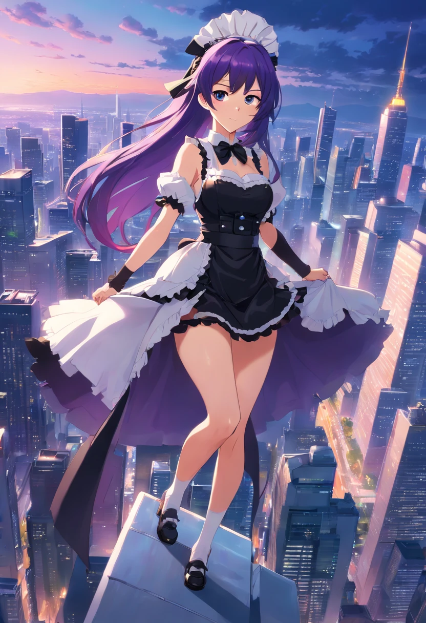 white backgrounid　tall and large breasts　Black French maid outfit highleg　Woman with long purple hair　full bodyesbian futuristic skyline in background