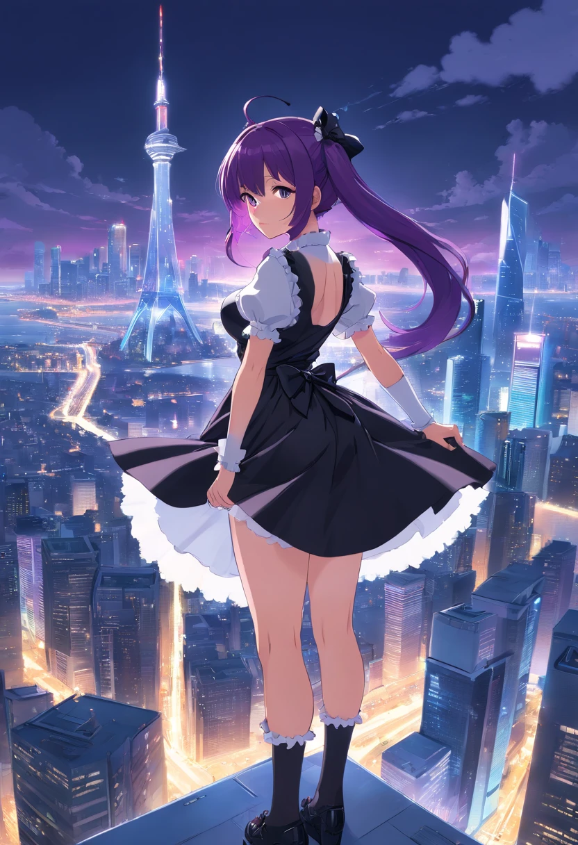 white backgrounid tall and large breasts Black French maid outfit highleg Woman with long purple hair full bodyesbian futuristic skyline in background
