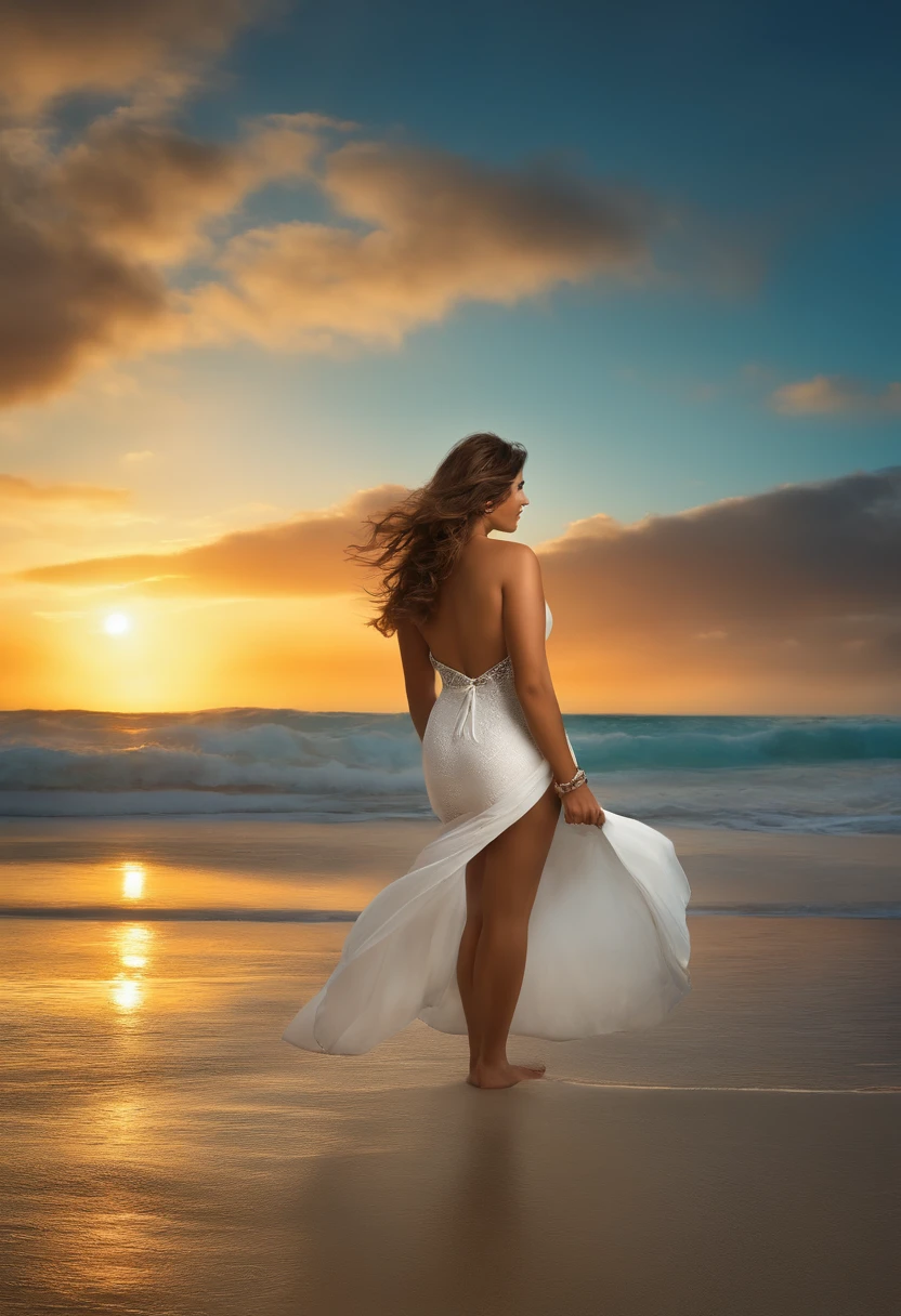 Mujer 3D, fotorrealista, 30 yrs old, senos grandes, pubis belludo, gran trasero, sola en la playa, mar azul, cielo despejado.