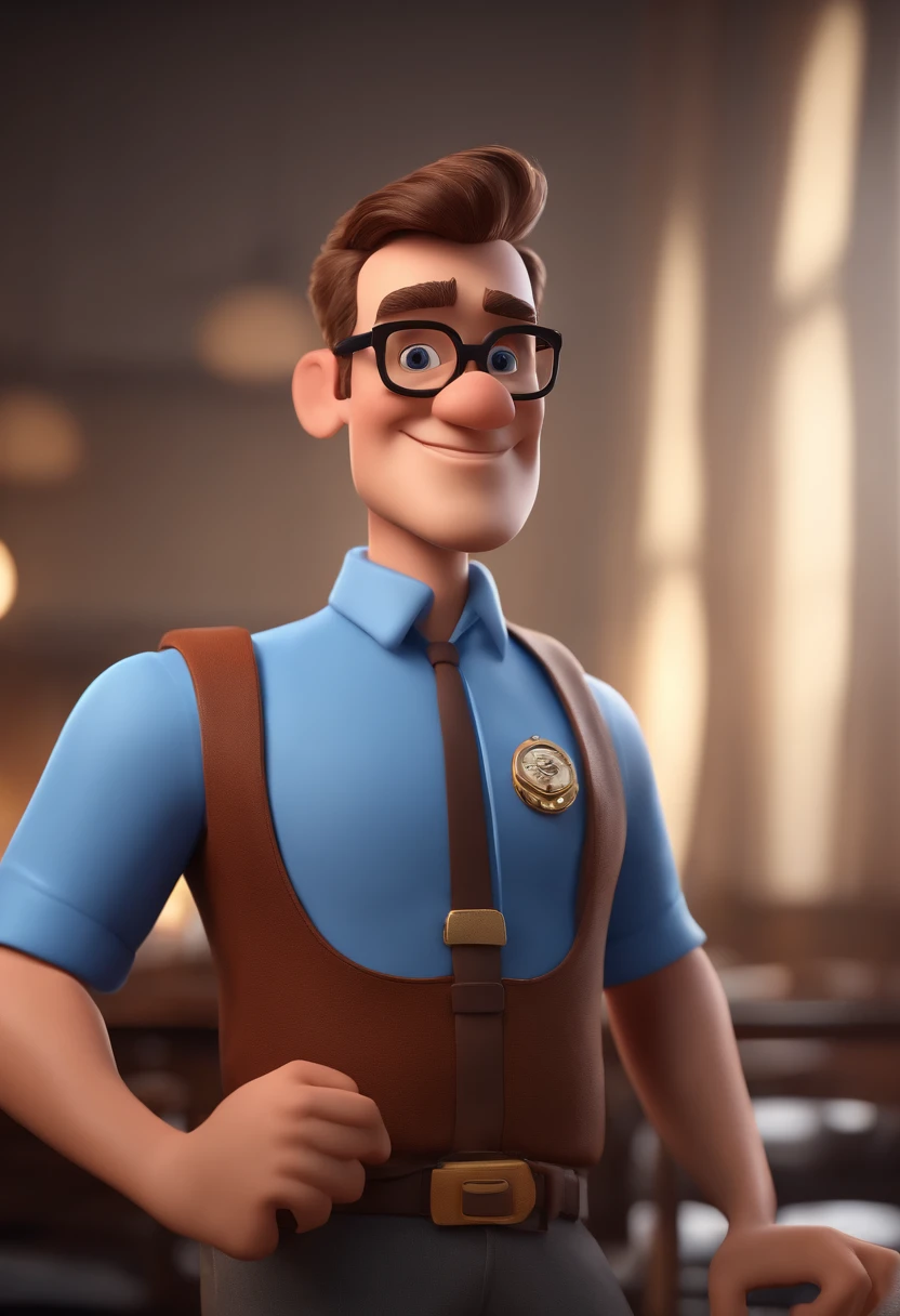 Cartoon character of a man with black glasses and a blue shirt, animation character, Caractere estilizado, animation style rendering, 3D estilizado, Arnold Maya render, 3 d render stylized, toon render keyshot, Personagem 3D, Personagem 3D, 3d rendering stylized, 3 d character render, personagem de desenho animado, Personagem de close up, Pose de personagem, (Estilo Pixar) (master part:1.2) (Bokeh) (best quality) (pele detalhada) (textura detalhada) (8k) (argila) (Cinematic lighting) (foco nítido