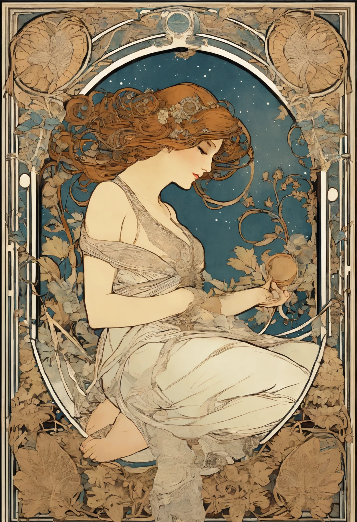 8k.Poster illustration in the style of Alphonse Mucha, Pintura plana, Hermosa mujer occidental en vestido largo lila hasta los tobillos, Emmawatoso, sosteniendo un libro, de pie entre una columna blanca y una negra del templo, Sentado en una silla, Con una cruz en el cuello, tienen una luna creciente en sus pies, cuerpo completo como,Cuerpo delgado,descalzo,Modernismo, Plantas en el fondo, NSFW, Masutepiece, Alfonse Mucha, Detalles altos