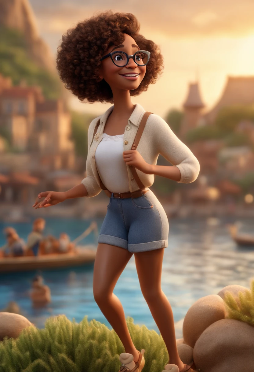 (best quality,4k,8k,highres,masterpiece:1.2),ultra-detailed,(realistic,photorealistic,photo-realistic:1.37),3D rendered, Pixar-style image with a cute and lively brown-skinned woman wearing white glasses and short curly hair dancing, Disney Makeup, Fisherman, Close-up shot, Pixar, Disney, Cinematic lighting.