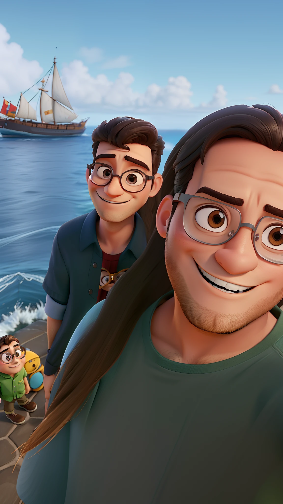 casal homem atras com oculos sorrindo e com coco na mao, mulher a frente com oculos sorrindo, ao fundo um barco de pirata no mar no estilo Disney Pixar, alta qualidade, melhor qualidade