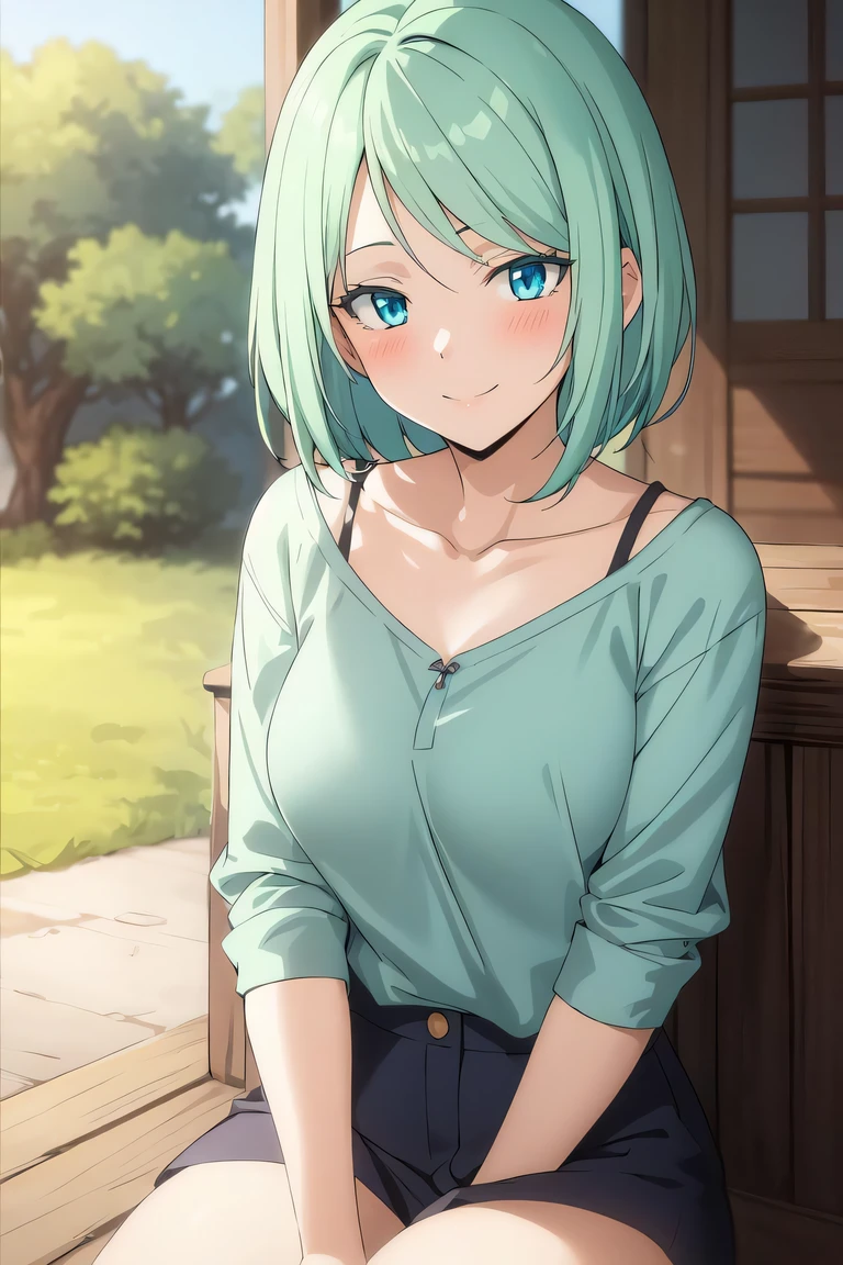 ((best quality)), ((masterpiece)), (detailed),
mjurran
1girl, 
1girl, aqua_hair, bangs, blue_eyes, closed_mouth, collarbone, green_hair, looking_at_viewer, short_hair, smile, solo, sitting,