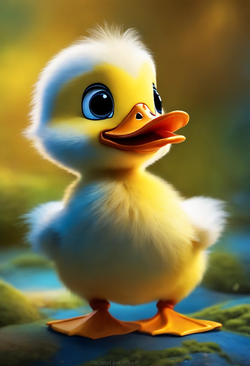 Disney Pixar Duckling Character Smiling yellow fluff, on happy blue and red background, enchanted forest.