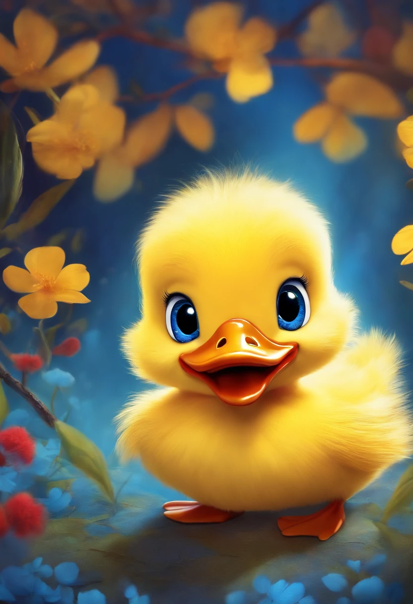 Disney Pixar Duckling Character Smiling yellow fluff, on happy blue and red background, enchanted forest.